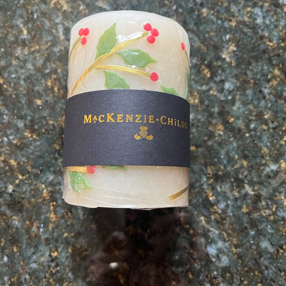 MacKenzie-Childs Cream Holly Pillar Candle